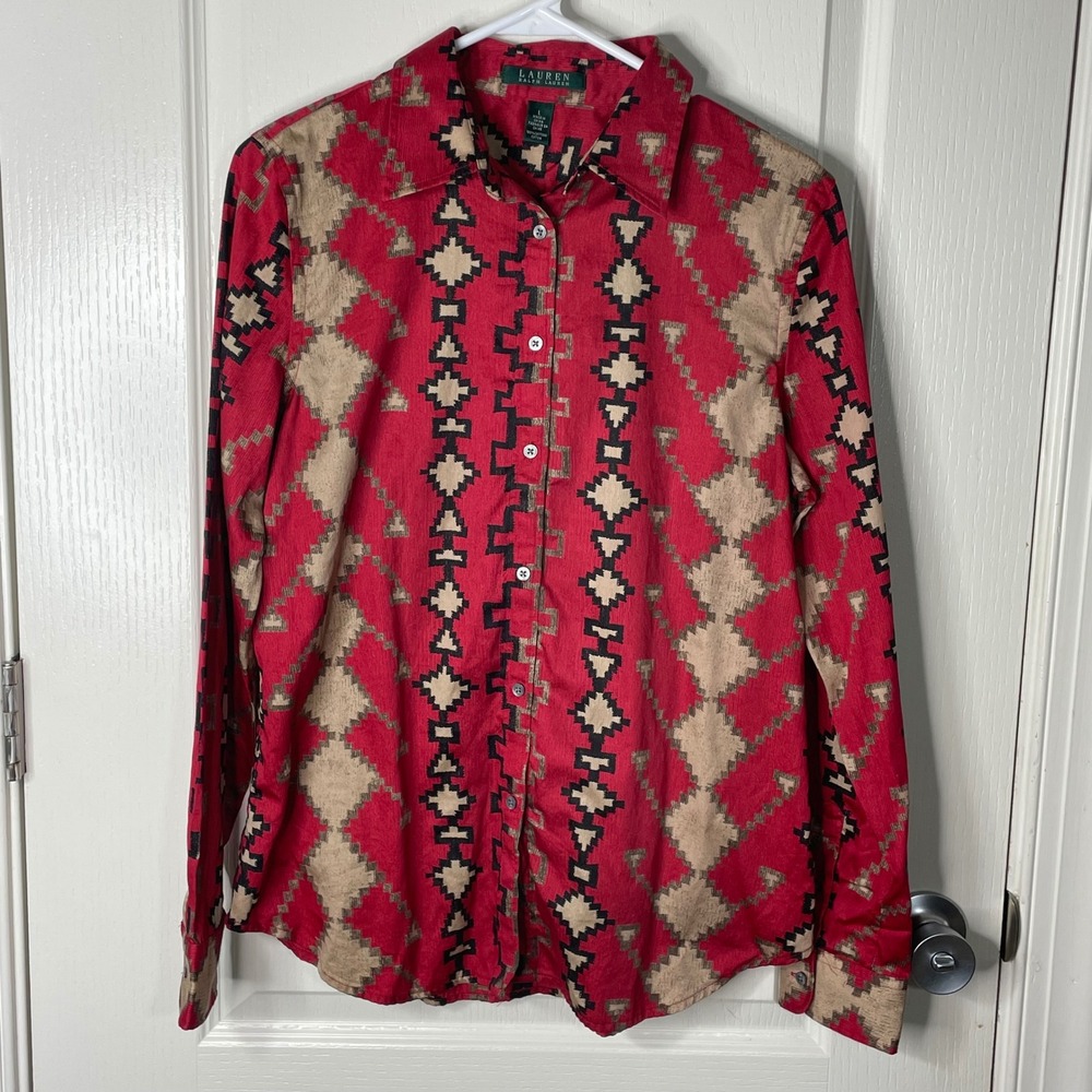 Lauren Ralph Lauren Womens L Red Southwestern Shirt Button Down Aztec‎ Cowgirl